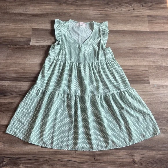 Ces Femme Sea Island Dress L Green White Ditsy Flutter Sleeve Cottagecore Boho - Picture 9 of 9